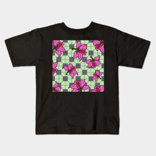 Bauhinia Flower with Mint Green Tile Floor Pattern - Summer Flower Pattern Kids T-Shirt